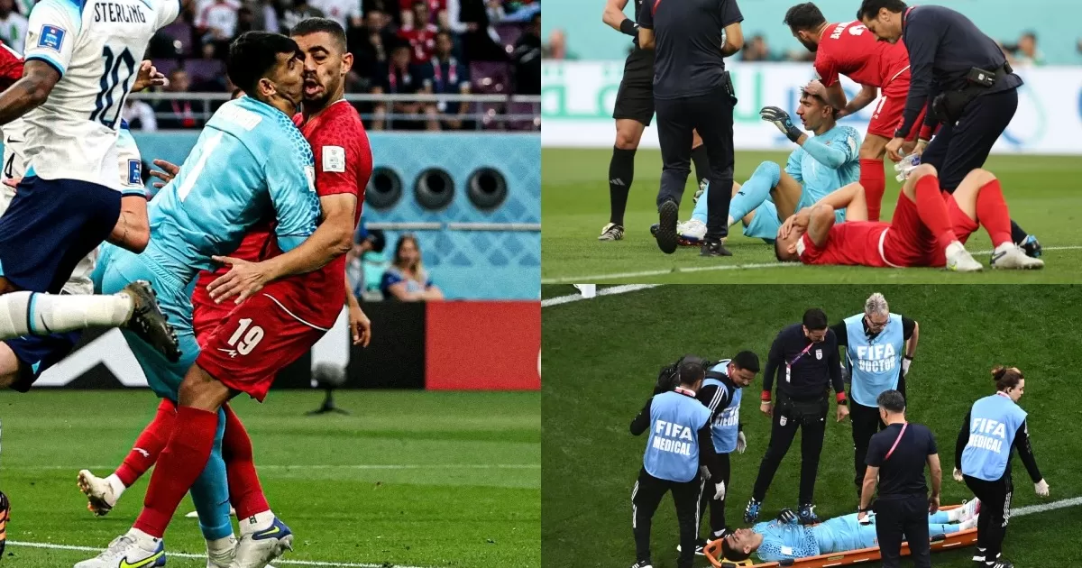 England vs. Iran: Beiranvand suffered a violent collision and left the field on a stretcher.