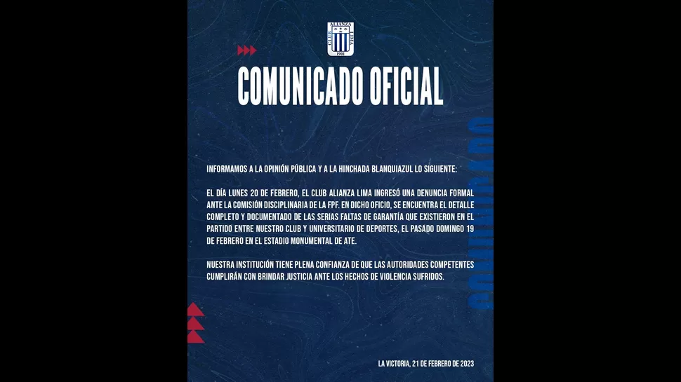 Alianza Lima se pronuncia tras suspensión de encuentro con Universidad