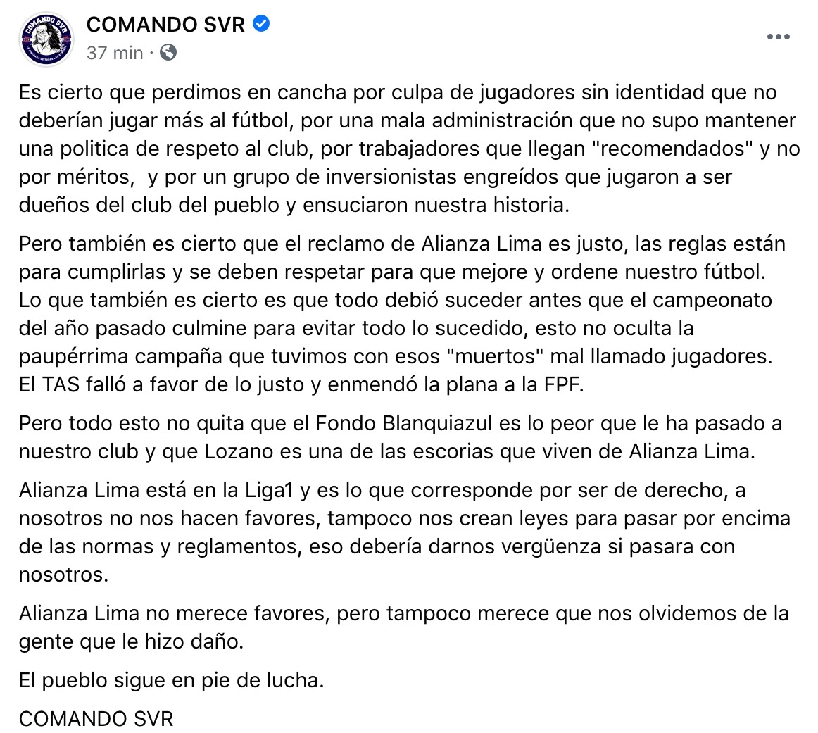 Comando Sur la barra oficial de Alianza Lima El TAS falló a favor de