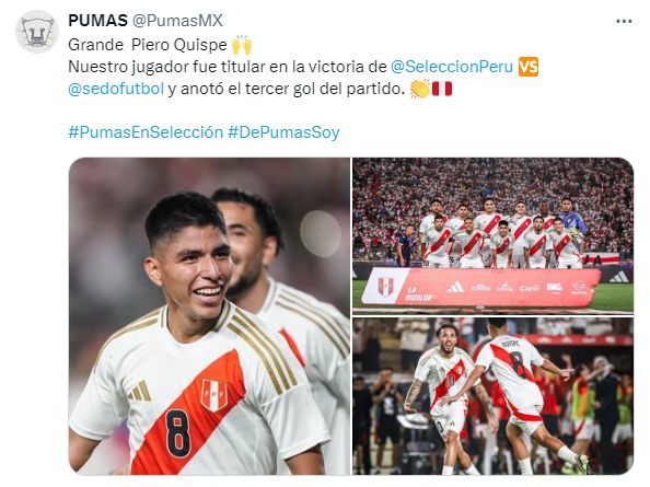 Pumas celebró el primer gol de Piero Quispe con Perú América Deportes