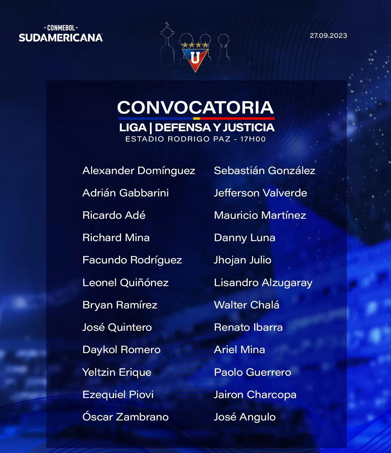 Convocatoria de LDU para el duelo de la Copa Sudamericana. | Foto: LDU.