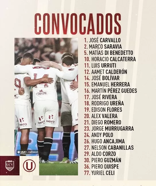 Convocados de Universitario para el duelo ante Vallejo.  | Foto: Universitario.