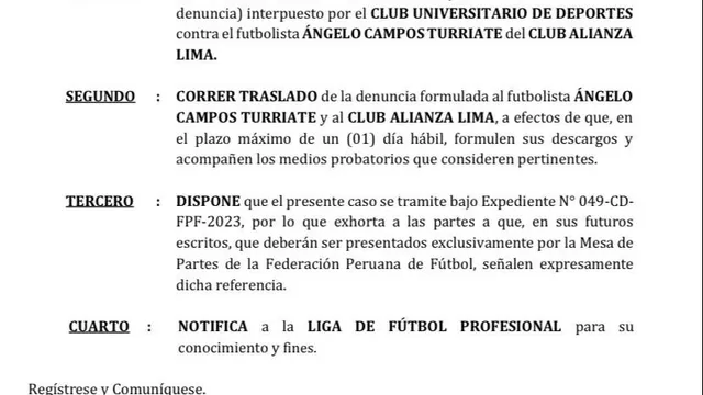 Documento que admite a trámite reclamo de Universitario contra Ángelo Campos.