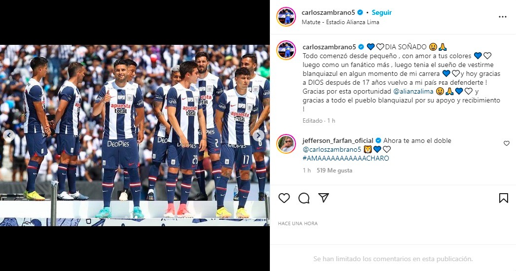 El mensaje de Carlos Zambrano tras el descenso de Alianza Lima