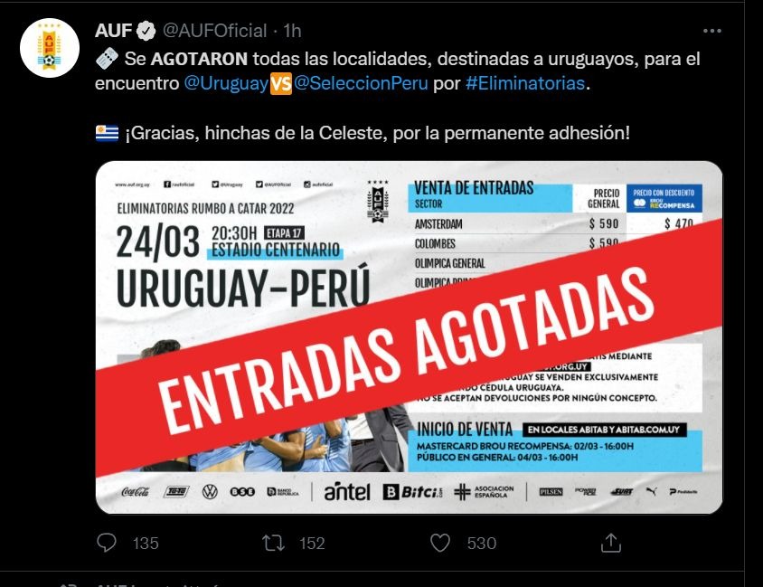 La AUF publicó los precios de las entradas para Uruguay vs Perú por  Eliminatorias