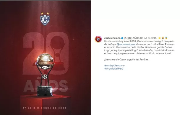 Publicación realizada por Cienciano del Cusco a 20 años de la Copa Sudamericana / Instagram