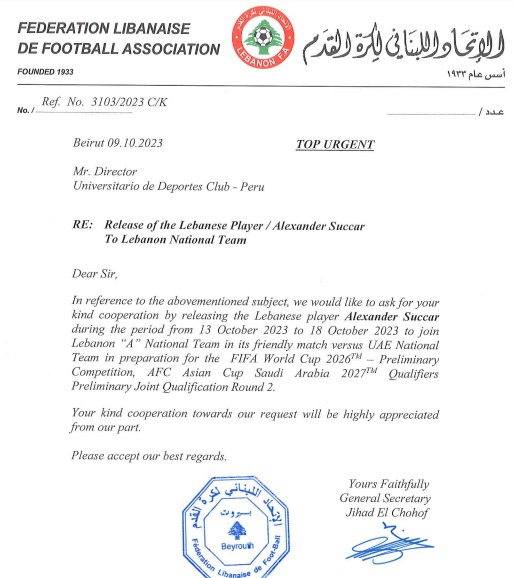 Documento de la Federación Libanesa de Fútbol enviado a Universitario. | Fuente: Ovación