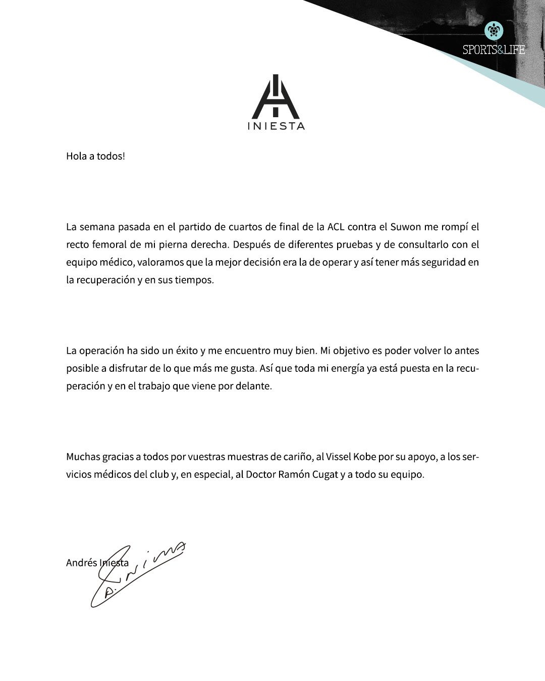 El comunicado de Andrés Iniesta | Foto: Twitter.