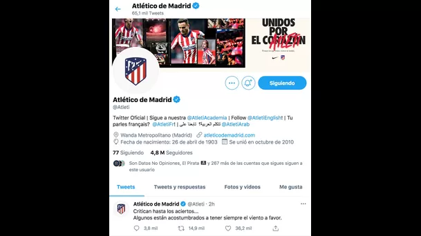 Aquí el misterioso mensaje en el Twitter del Atlético de Madrid.