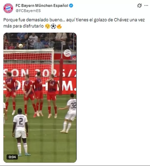 Publicación de Bayern Múnich tras golazo de Felipe Chávez / Fuente: X Bayern Múnich ES Publicación de Bayern Múnich tras golazo de Felipe Chávez / Fuente: X Bayern Múnich ES