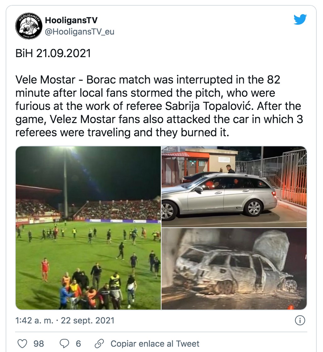 Hinchas enfurecidos del Velez Mostar incendiaron el auto de un árbitro.