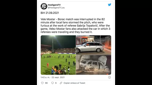 Hinchas enfurecidos del Velez Mostar incendiaron el auto de un árbitro.