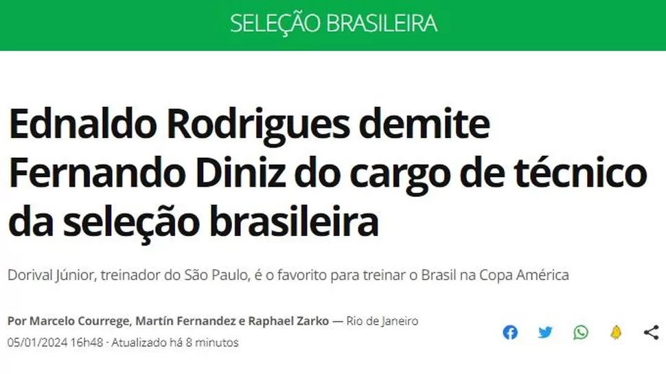 Fernando Diniz no seguirá como DT de Brasil. | Fuente: Globoesporte