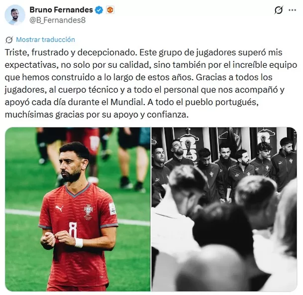 Mensaje de Bruno Fernandes tras eliminación de Portugal / Foto: Captura X Mensaje de Bruno Fernandes tras eliminación de Portugal / Foto: Captura X
