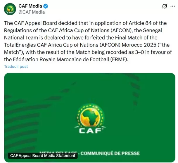 CAF explicó por qué quitó el título a Senegal de la Copa Africana de Naciones / X