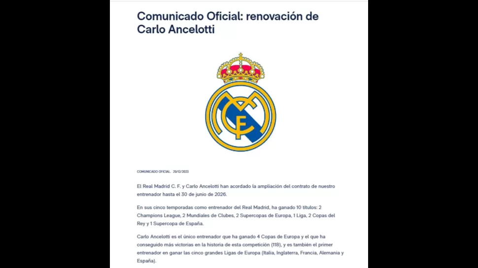 Comunicado emitido por el Real Madrid anunciando la renovación del técnico Carlo Ancelotti / Foto: Real Madrid