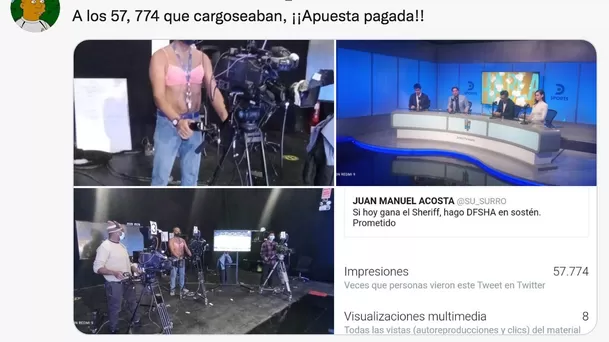 Camarógrafo perdió apuesta por triunfo del Sheriff y usó sostén en programa | Foto: Twitter.