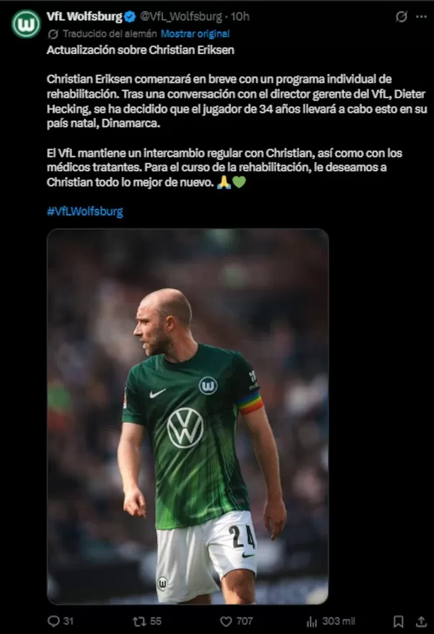 El comunicado del Wolfsburgo sobre Eriksen. El comunicado del Wolfsburgo sobre Eriksen.
