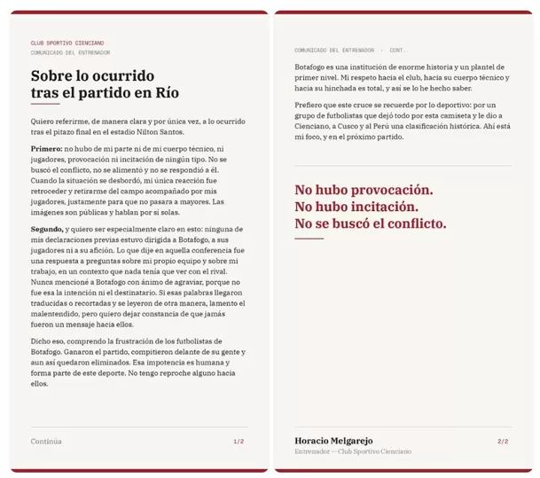 Comunicado de Horacio Melgarejo tras incidente / Fuente: X Comunicado de Horacio Melgarejo tras incidente / Fuente: X