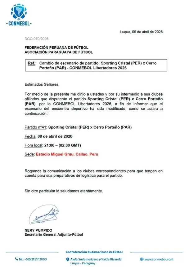 Mensaje de CONMEBOL a Sporting Cristal tras cambio de sede / X
