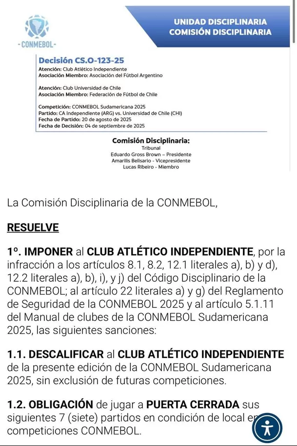 Fallo de CONMEBOL sobre el Independiente vs U de Chile / X