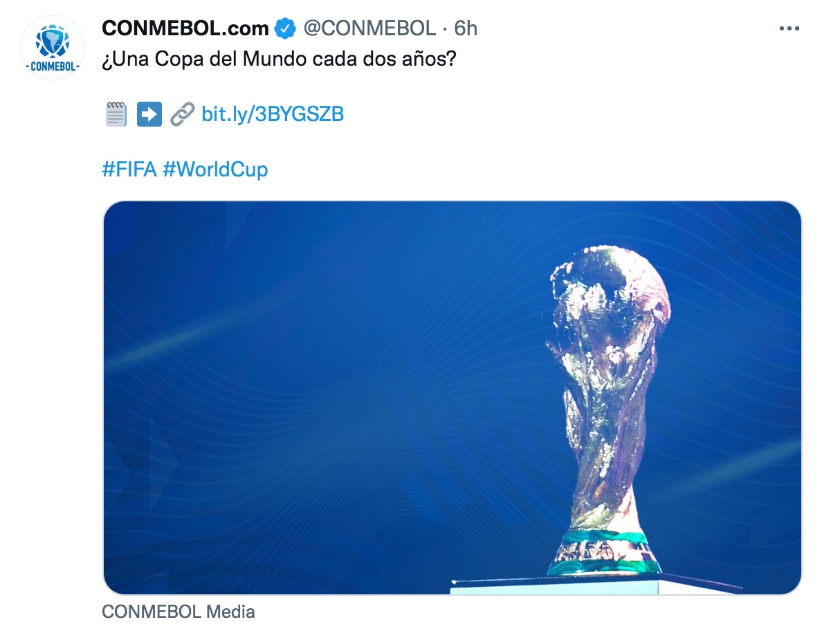 Conmebol se mostró en contra de que la Copa del Mundo se juegue cada dos años.