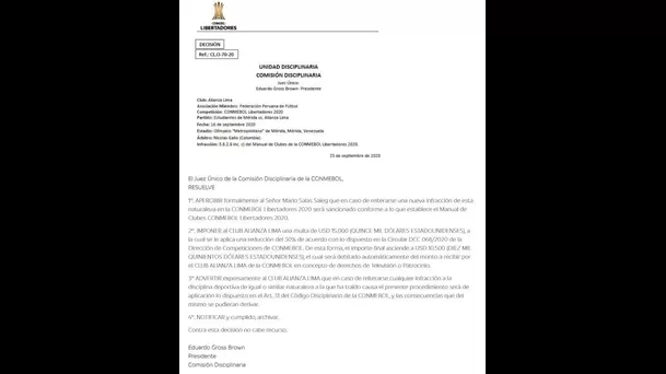 Documento enviado por la Conmebol.