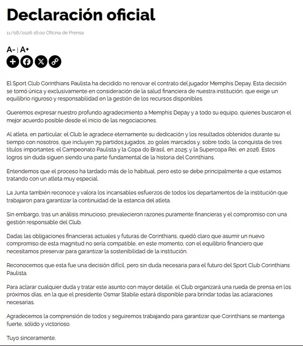 Comunicado completo de Corinthians. Comunicado completo de Corinthians.