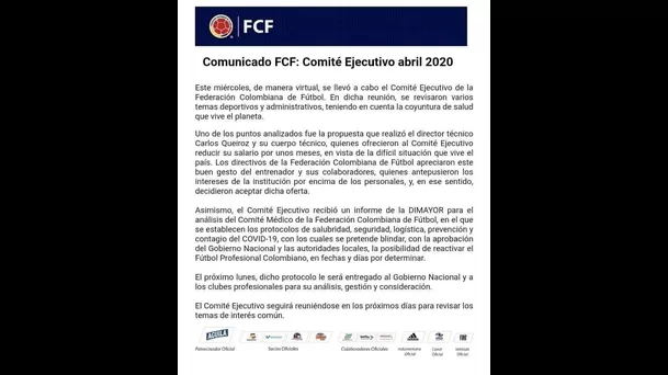 Aquí el comunicado de la Federación Colombiana de Fútbol.