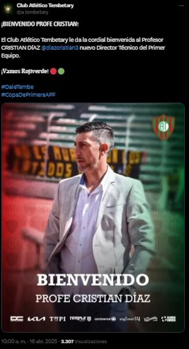 Cristian Díaz es nuevo técnico de Atlético Tembetary / Foto: Club Atlético Tembetary