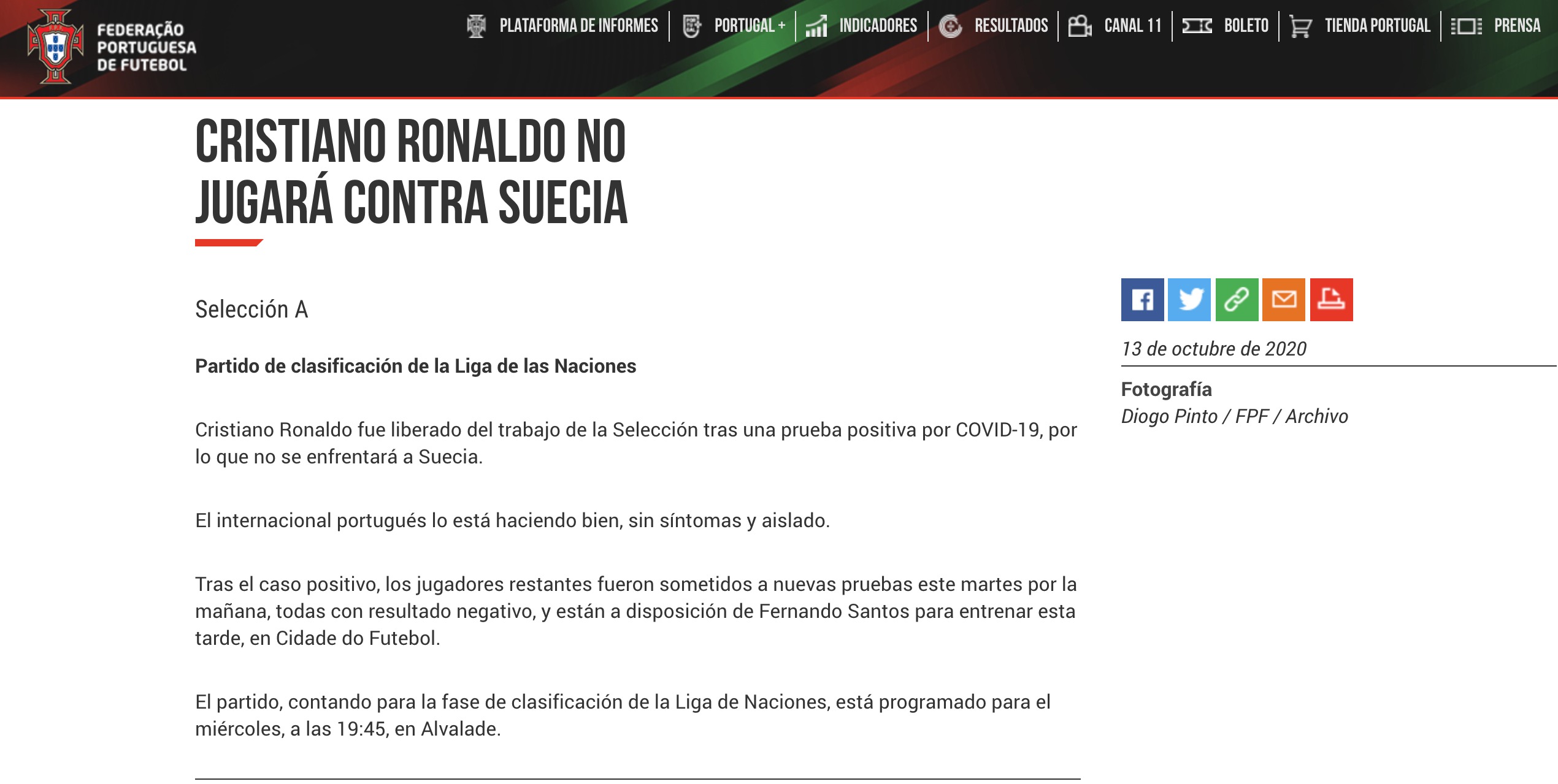 Mensaje de la Federación Portuguesa de Fútbol.