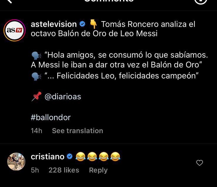 Comentario de Cristiano Ronaldo a opinión sobre el octavo Balón de Oro de Messi. | Foto: IG