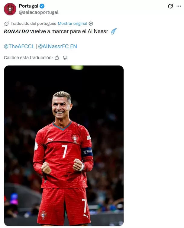 Mensaje de Portugal a Cristiano Ronaldo por su gol con Al Nassr / Fuente: X Selección de Portugal Mensaje de Portugal a Cristiano Ronaldo por su gol con Al Nassr / Fuente: X Selección de Portugal