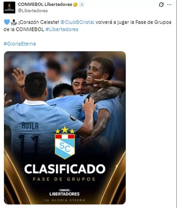 CONMEBOL felicitó a Sporting Cristal por clasificar a fase de grupos / X