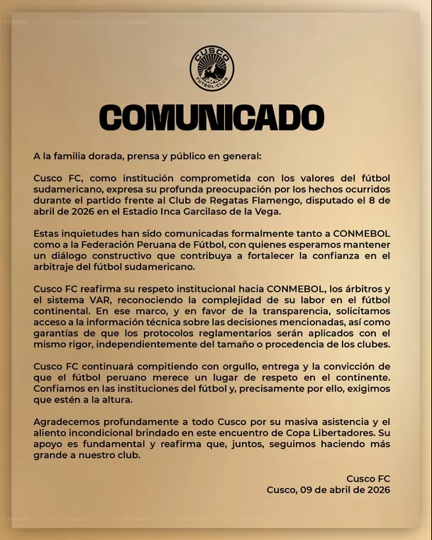 Comunicado de Cusco FC tras polémicas ante Flamengo / X