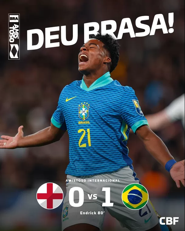 Brasil derrotó 1-0 a Inglaterra en Wembley con gol de Endrick. | Fuente: @CBF_Futebol