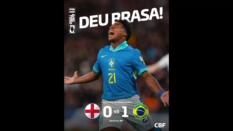 Brasil derrotó 1-0 a Inglaterra en Wembley con gol de Endrick. | Fuente: @CBF_Futebol