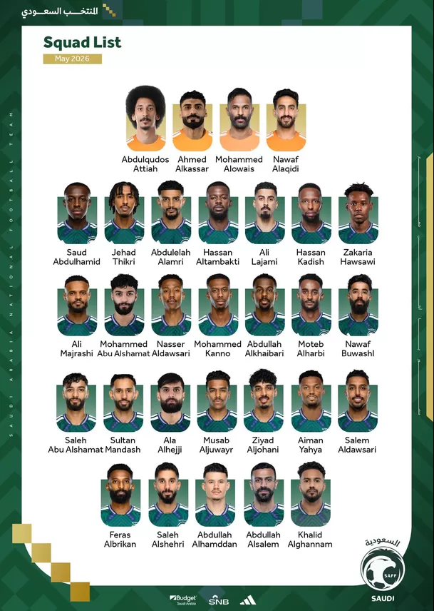 Pre lista de Convocados de Arabia Saudita. Llevan 30 jugadores, pero solo quedarán 26. | Foto: X de @SaudiNT_EN Pre lista de Convocados de Arabia Saudita. Llevan 30 jugadores, pero solo quedarán 26. | Foto: X de @SaudiNT_EN