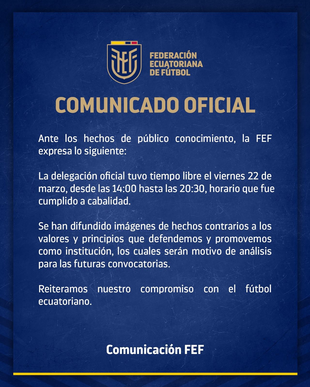 Este es el comunicado de la Federación Ecuatoriana de Fútbol. | Fuente: @FEFecuador