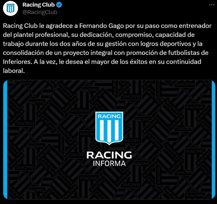 Racing anunció la salida de Gago tras perder el clásico ante Independiente. | Foto: Twitter Racing.