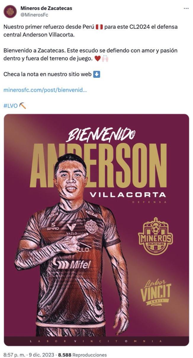 Anderson Villacorta jugará en Zacatecas de México. | Fuente: @MinerosFc