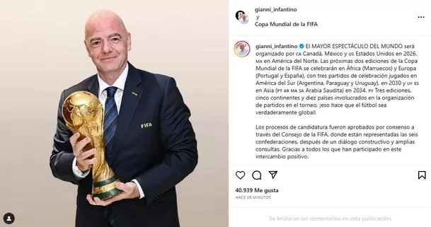 Gianni Infantino anunció así la sede del Mundial 2034. | Foto: IG