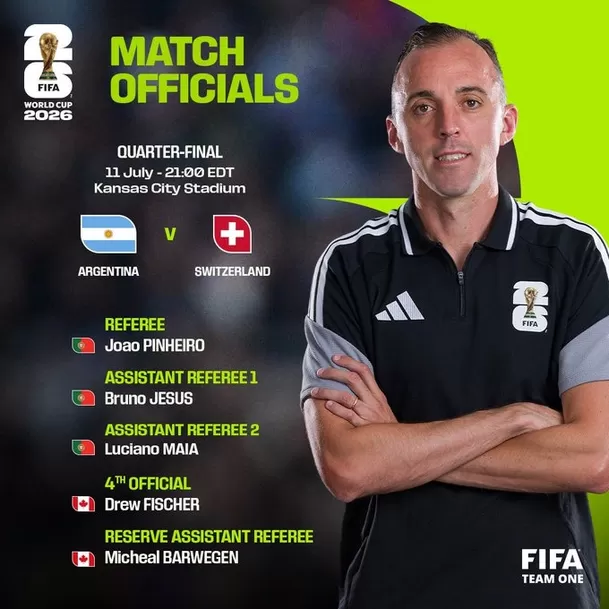 Árbitros del Argentina vs Suiza por cuartos de final del Mundial 2026 / Foto: FIFA Árbitros del Argentina vs Suiza por cuartos de final del Mundial 2026 / Foto: FIFA