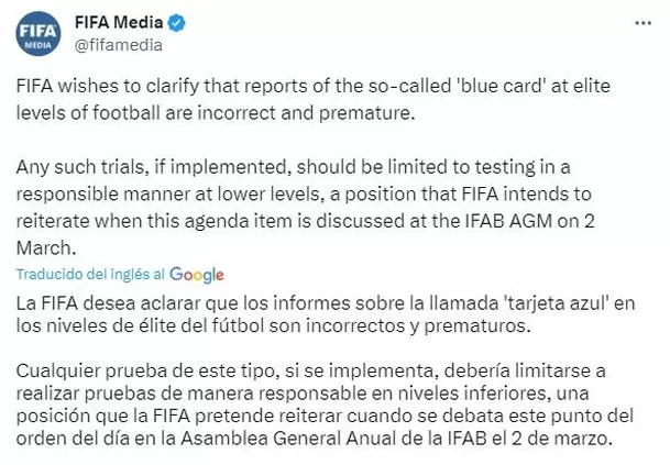 Esto expresó la FIFA. | Fuente: @fifamedia