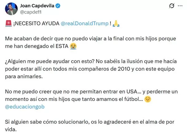 El desesperado post de Joan Capdevilla para que pueda entrar a USA. 