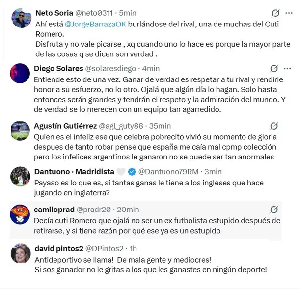 Las críticas en redes sociales al festejo de Cristian Romero. Las críticas en redes sociales al festejo de Cristian Romero.