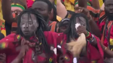 Un hincha viral de Ghana 'influyó' en el gol de su selección que había sido anulado por off-side. Foto: Captura / Video: DSports