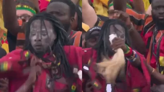 Un hincha viral de Ghana 'influyó' en el gol de su selección que había sido anulado por off-side. Foto: Captura / Video: DSports