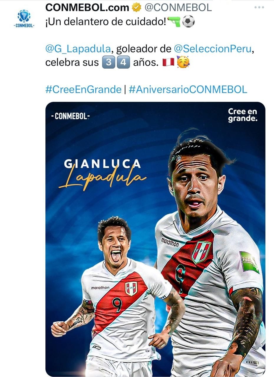 CONMEBOL saludó a Gianluca Lapadula. | Fuente: @CONMEBOL
