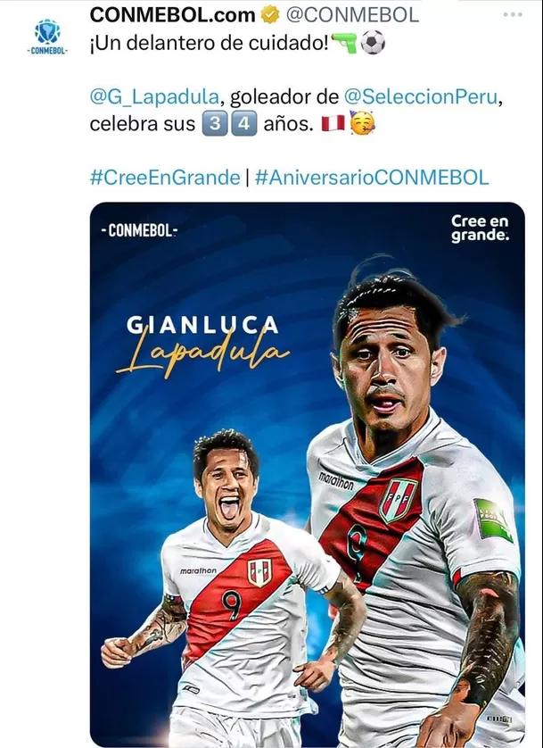 CONMEBOL saludó a Gianluca Lapadula. | Fuente: @CONMEBOL